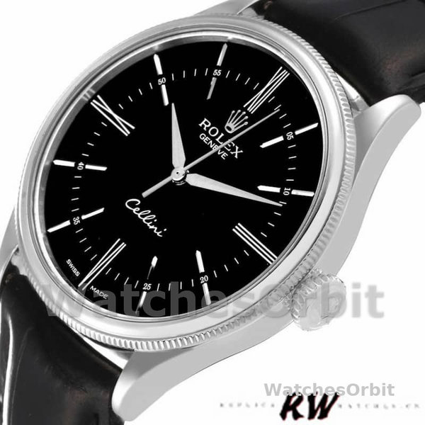 Replica Rolex Cellini Time 39mm Heren-50509-Zwarte Lederen Band-Zwarte Wijzerplaat Zwart