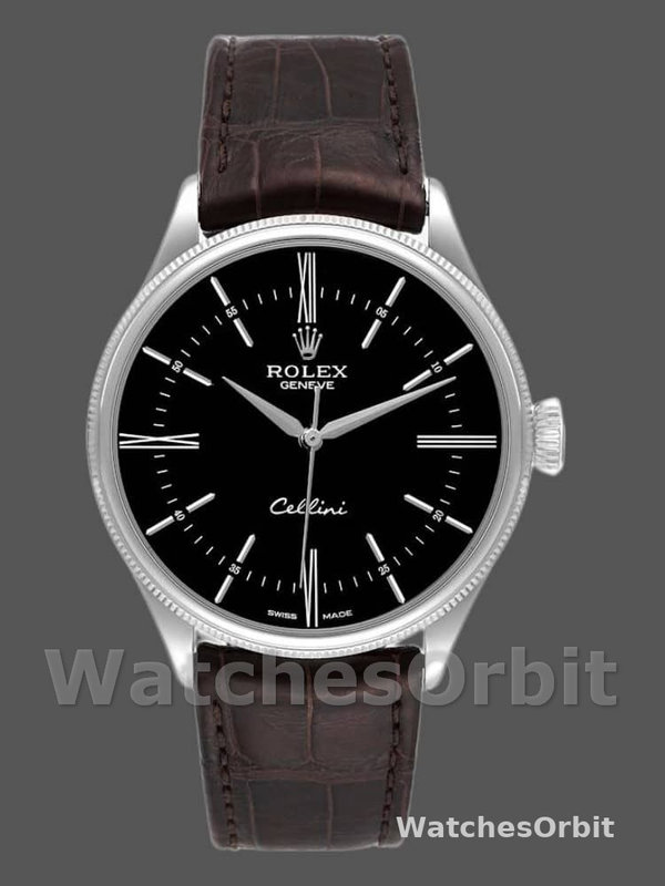 Rolex Cellini Time 50509 Brown Leather Strap Black Dial 39mm Mens Replica Watch