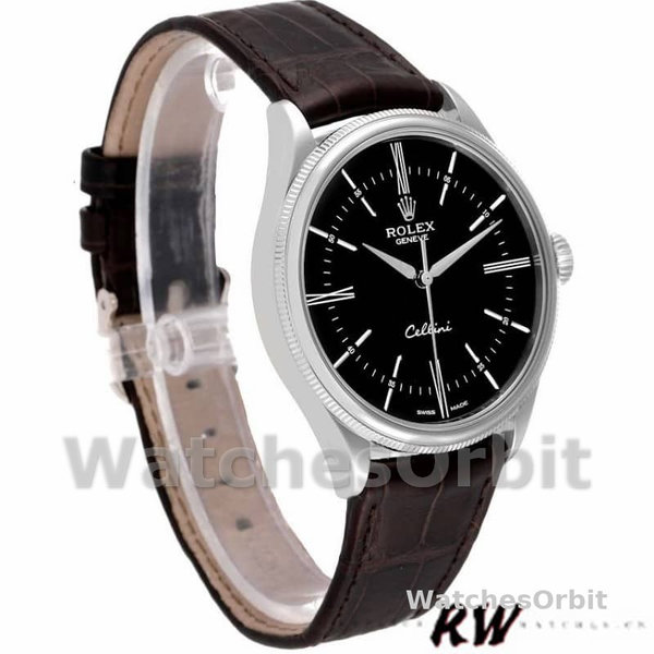 Men's Rolex Cellini Time 39mm Men's-50509-Brown Leather Strap-Black Dial Black