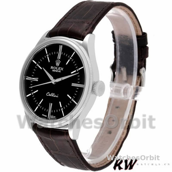 Replica Rolex Cellini Time 39 mm Uomo-50509-Cinturino in pelle marrone-Comparto nero Nero