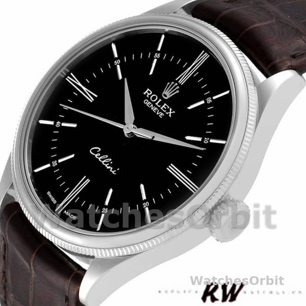 Replica Rolex Cellini Time 39 mm Uomo-50509-Cinturino in pelle marrone-Comparto nero Nero