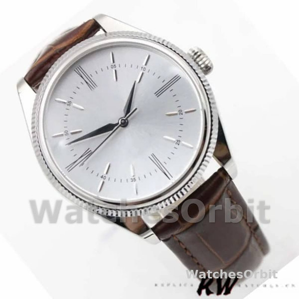 Replique Hommes Rolex Cellini Time 39mm Hommes-50509-bracelet cuir brun-cadran blanc Blanc