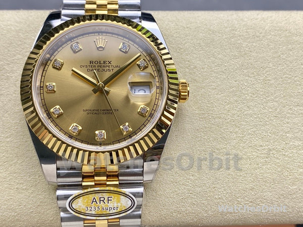Replica Rolex Datejust 41mm Heren-M126333-0012-Champagne Diamanten Wijzerplaat-Twee Tinten Geelgoud