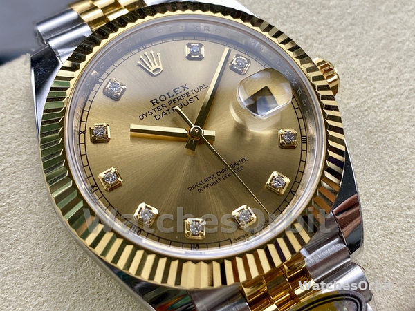 Replica Rolex Datejust 41mm Heren-M126333-0012-Champagne Diamanten Wijzerplaat-Twee Tinten Geelgoud