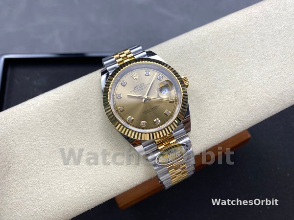 Replica Rolex Datejust 41mm Heren-M126333-0012-Champagne Diamanten Wijzerplaat-Twee Tinten Geelgoud