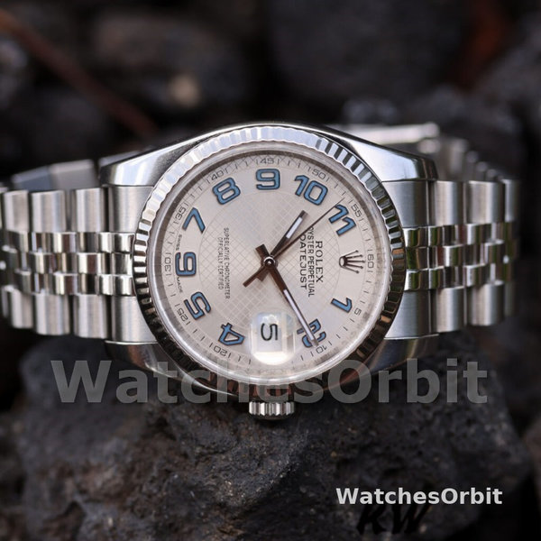 Replica Rolex Datejust 36mm Unisex-116234-Zilveren wijzerplaat-Blauwe Arabische cijfers Uurmarkeringen Zilver
