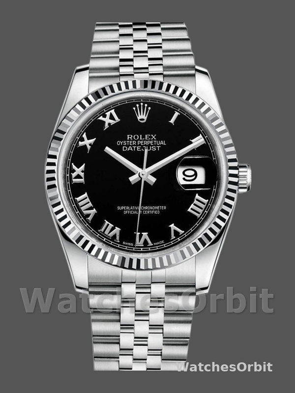Rolex Datejust 116234 Stainless Steel Fluted Bezel Black Roman Dial 36mm Mens Replica Watch