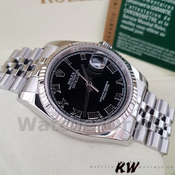 Rolex Datejust 116234 Stainless Steel Fluted Bezel Black Roman Dial 36mm Mens Replica Watch