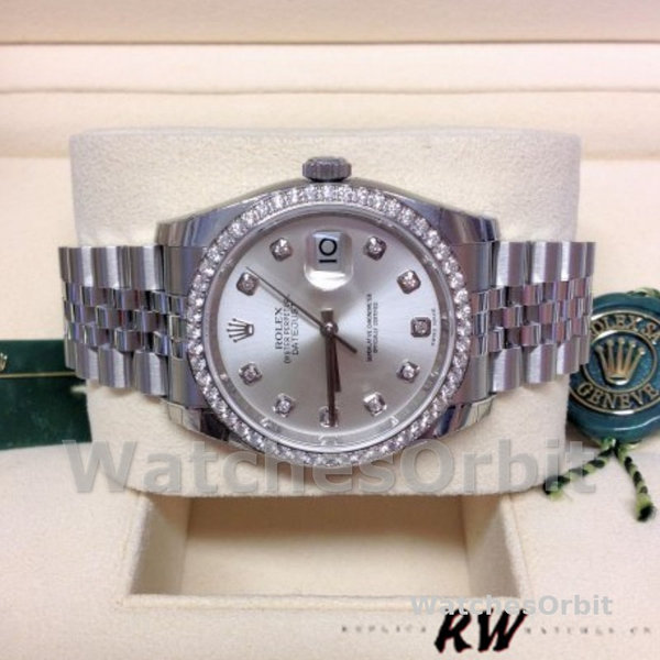 Replica Rolex Datejust 36mm voor dames-116244-Zilveren wijzerplaat-Diamanten Zilver