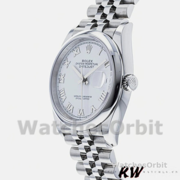 Replica Rolex Datejust 36mm Unisex-126200-Roestvrij Staal-Witte Romeinse Wijzerplaat Wit