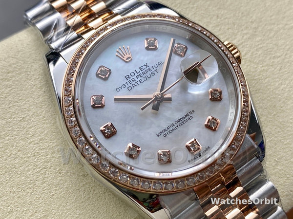 Unisexs Rolex Day Date 36-128238 0051, Yellow Gold, Pave Rainbow Diamond Dial, Fluted Bezel Diamond Replica Watch Image