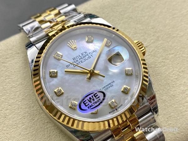 Unisexs Rolex Datejust 36mm Unisex-126233-White MOP Diamond Dial-Fluted Bezel MOP Replica Image