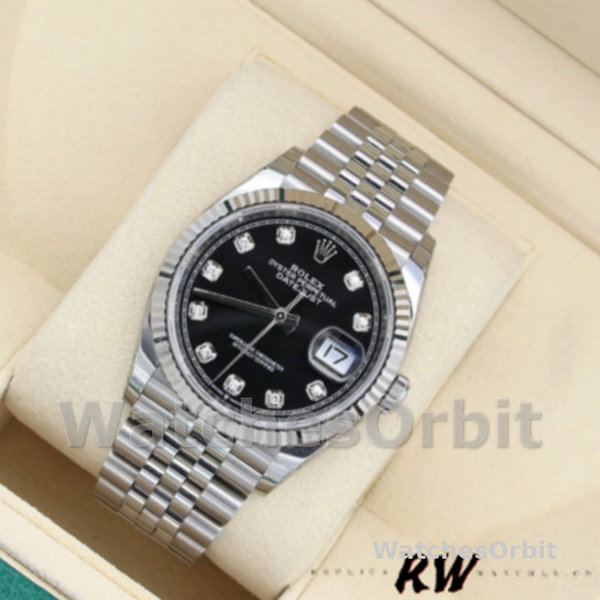 Replica Unisex's Rolex Datejust 36mm Unisex-126234 Geribbelde lunette-Zwarte Diamanten Wijzerplaat Zwart