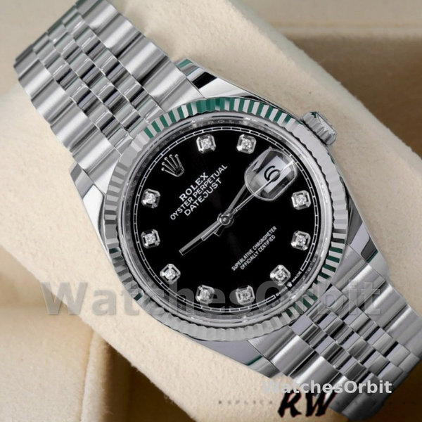 Replica Unisex's Rolex Datejust 36mm Unisex-126234 Geribbelde lunette-Zwarte Diamanten Wijzerplaat Zwart