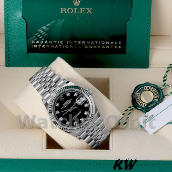 Replica Unisex's Rolex Datejust 36mm Unisex-126234 Geribbelde lunette-Zwarte Diamanten Wijzerplaat Zwart