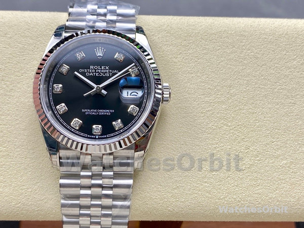 Replica Unisex's Rolex Datejust 36mm Unisex-126234 Geribbelde lunette-Zwarte Diamanten Wijzerplaat Zwart