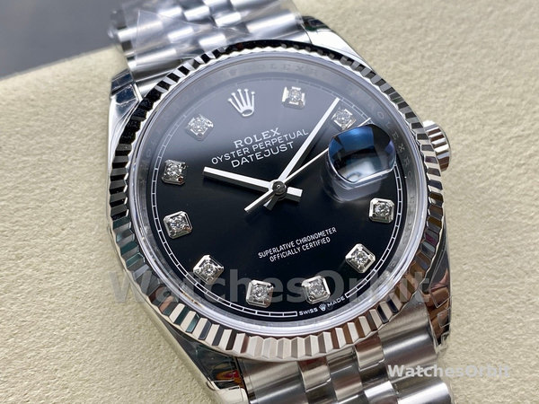 Replica Unisex's Rolex Datejust 36mm Unisex-126234 Geribbelde lunette-Zwarte Diamanten Wijzerplaat Zwart