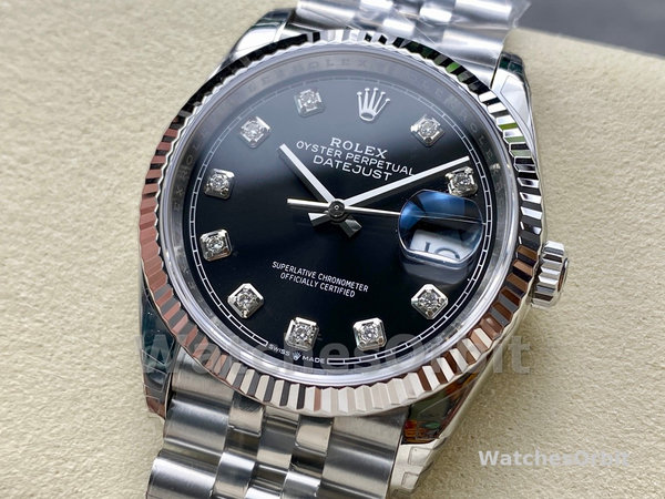 Replica Unisex's Rolex Datejust 36mm Unisex-126234 Geribbelde lunette-Zwarte Diamanten Wijzerplaat Zwart