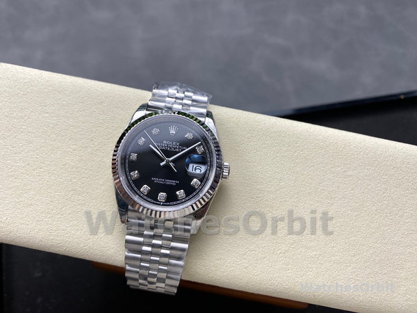 Replica Unisex's Rolex Datejust 36mm Unisex-126234 Geribbelde lunette-Zwarte Diamanten Wijzerplaat Zwart