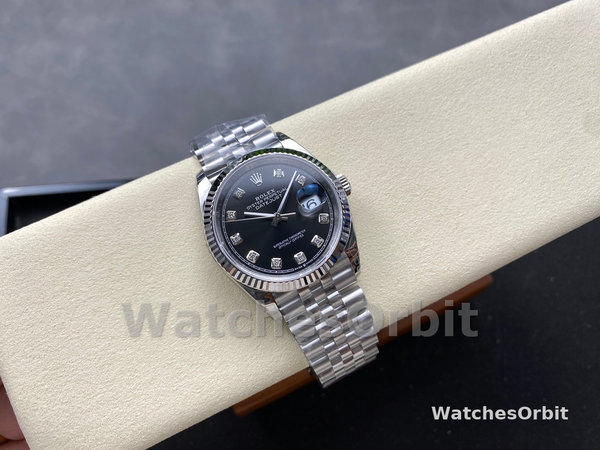 Replica Unisex's Rolex Datejust 36mm Unisex-126234 Geribbelde lunette-Zwarte Diamanten Wijzerplaat Zwart