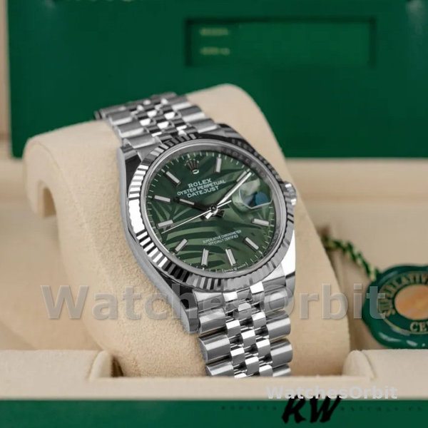 Replica Rolex Datejust 36mm Unisex-126234-Olive Green Palm Motif Dial Groen