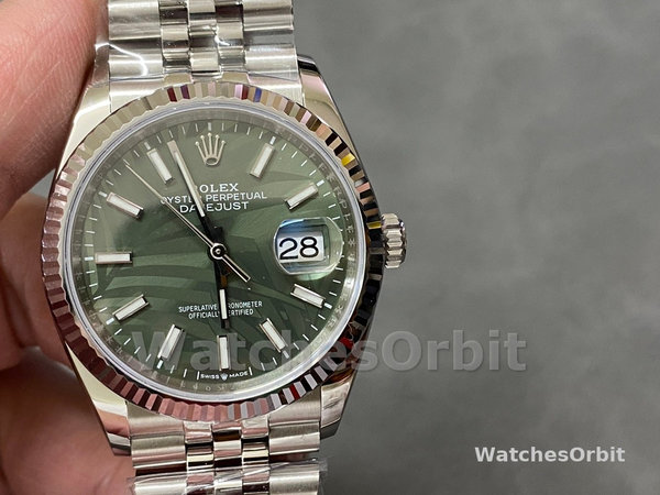 Replica Rolex Datejust 36mm Unisex-126234-Olive Green Palm Motif Dial Groen