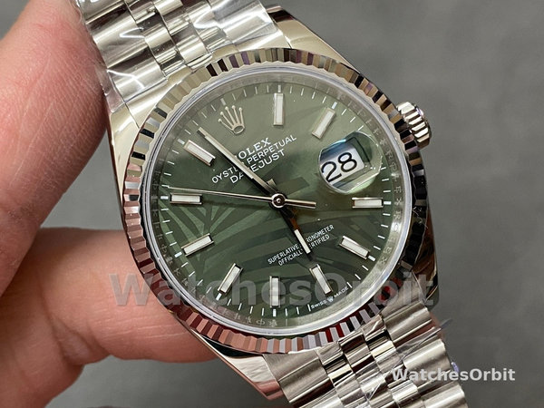 Replica Rolex Datejust 36mm Unisex-126234-Olive Green Palm Motif Dial Groen