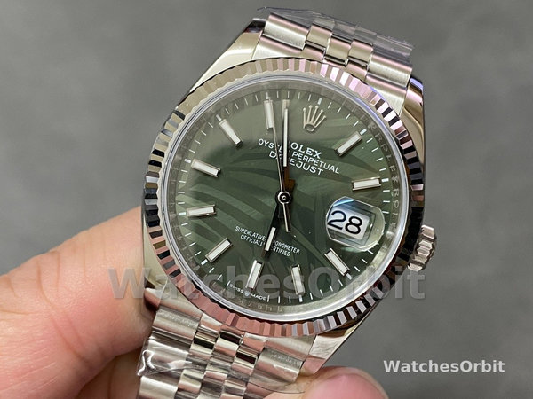Replica Rolex Datejust 36mm Unisex-126234-Olive Green Palm Motif Dial Groen