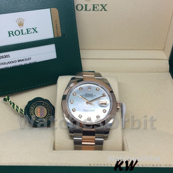 Replica Rolex Datejust 41mm Heren-126301-Witte MOP-Diamanten Wijzerplaat-Staal & Roségoud MOP