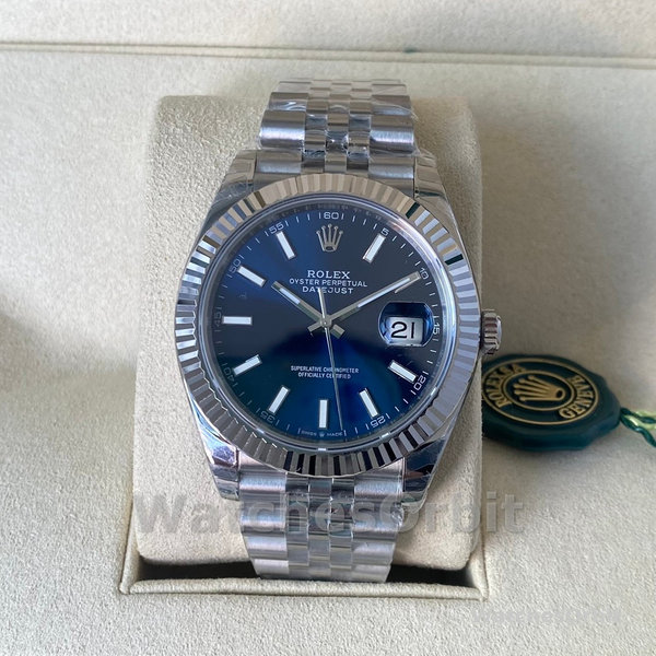 Replica Heren Rolex Datejust 41MM Roestvrij Staal met Zilveren Wijzerplaat Blauw