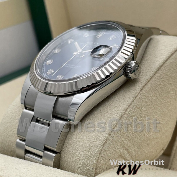 Replica Rolex Datejust 41mm Heren-126334 0015 Geribbelde lunette-Blauwe Diamanten Wijzerplaat