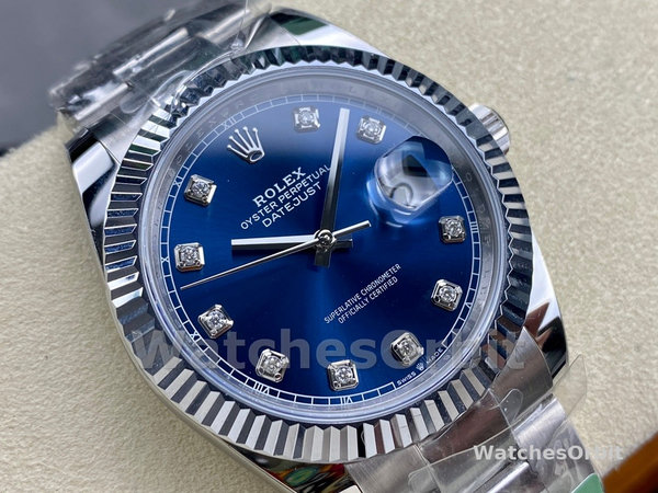 Replica Rolex Datejust 41mm Heren-126334 0015 Geribbelde lunette-Blauwe Diamanten Wijzerplaat
