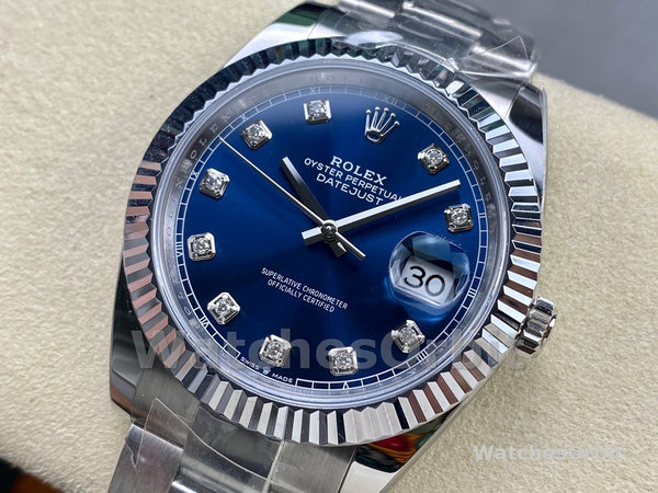 Replica Rolex Datejust 41mm Heren-126334 0015 Geribbelde lunette-Blauwe Diamanten Wijzerplaat