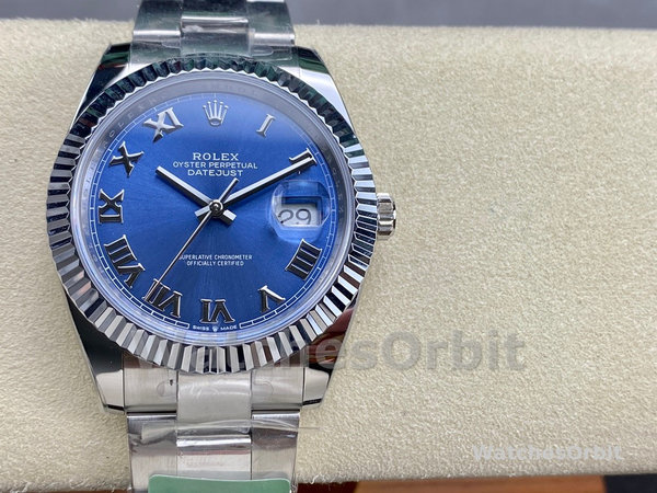 Replica Rolex Datejust 41mm Heren-126334 0025-Gegolfde ring-Blauw Romeinse cijfers Wijzerplaat Blauw