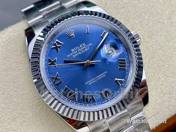 Replica Rolex Datejust 41mm Heren-126334 0025-Gegolfde ring-Blauw Romeinse cijfers Wijzerplaat Blauw