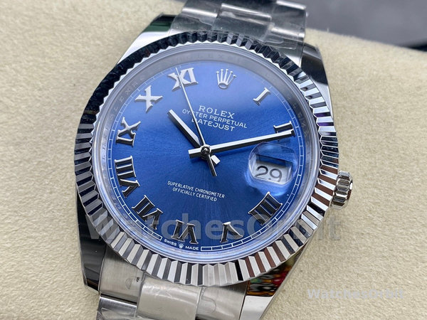 Replica Rolex Datejust 41mm Heren-126334 0025-Gegolfde ring-Blauw Romeinse cijfers Wijzerplaat Blauw