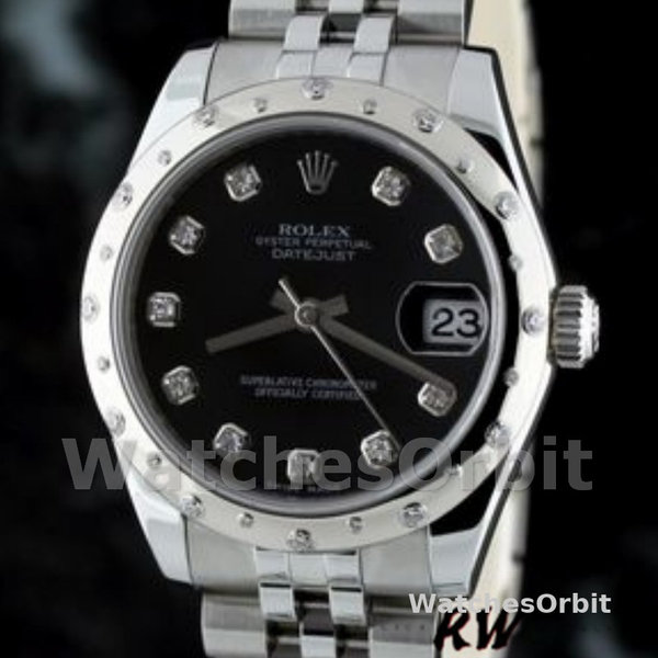 Replica Rolex Datejust 31mm voor dames-178344-zwarte diamanten wijzerplaat-jubileum armband zwart