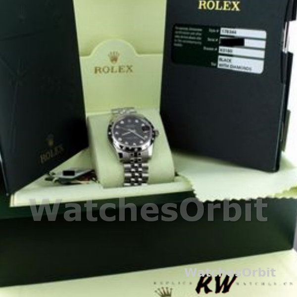 Replica Rolex Datejust 31mm voor dames-178344-zwarte diamanten wijzerplaat-jubileum armband zwart