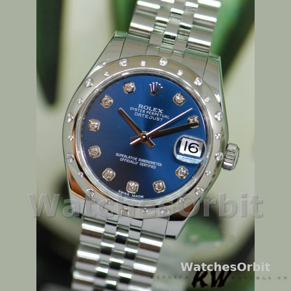 Replica Rolex Datejust 31mm voor dames-178344-Blauwe diamanten wijzerplaat-Jubileum armband blauw