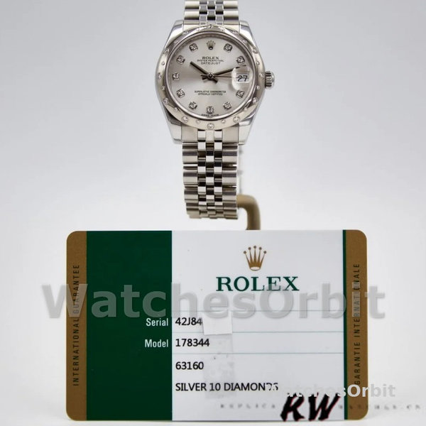 Replica Rolex Datejust 31mm voor dames-178344-Zilver Diamond Dial-Roestvrij Staal Zilver<br />