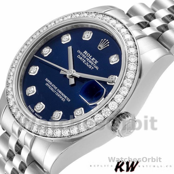 Replica Rolex Datejust 31mm voor dames-178384-Blauwe wijzerplaat-diamanten ring blauw
