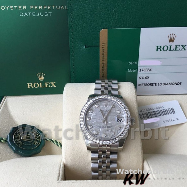 Replique Rolex Datejust-178384, 31mm, cadran gris météorite, lunette diamant, Lady Meteorite Grey pour femme