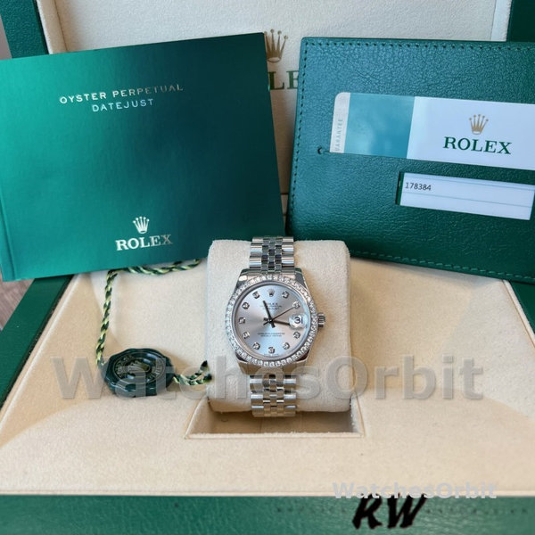 Womens Rolex Datejust-178384, 31mm, Silver Diamonds Dial, Diamond Bezel, Lady Silver Replica Image
