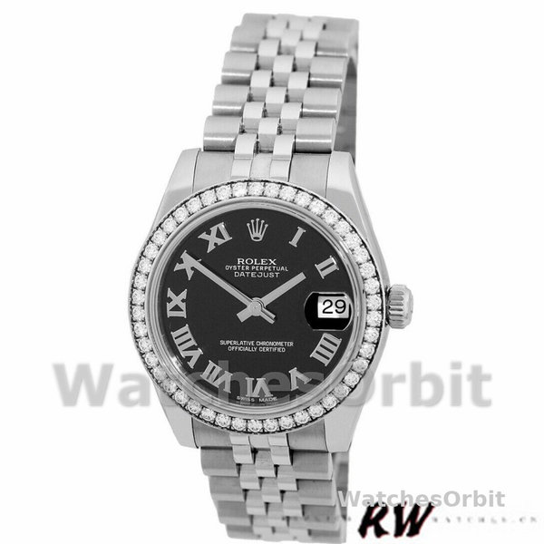Replique Rolex Datejust 31mm Femmes-178384-Cadran romain noir-acier inoxydable Noir