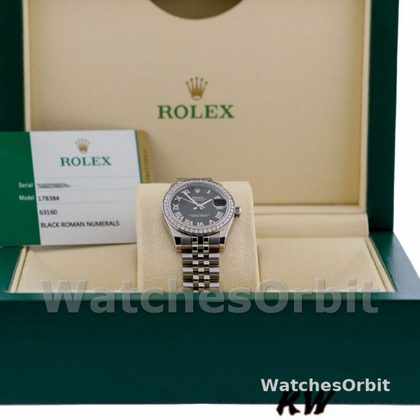 Womens Rolex Datejust 31mm Womens-178384-Black Roman Dial-Stainless Steel Black Replica Image