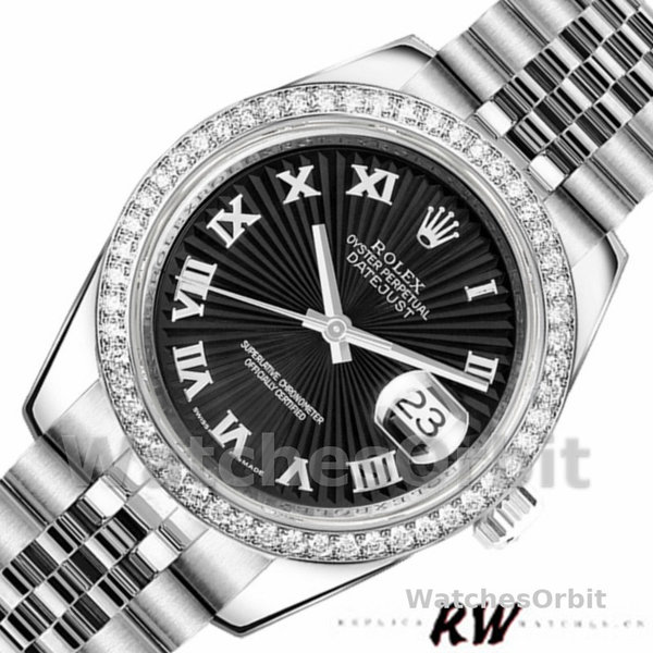 Replique Rolex Datejust 31mm Femme-178384-Cadran noir soleil-acier inoxydable Noir