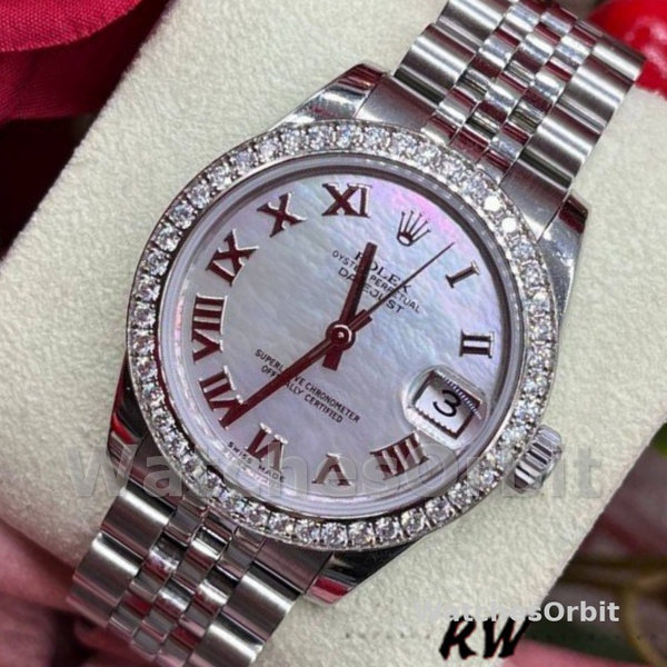 Replique Rolex Datejust 31mm Femmes-178384-Cadran nacre blanche-Diamants MOP