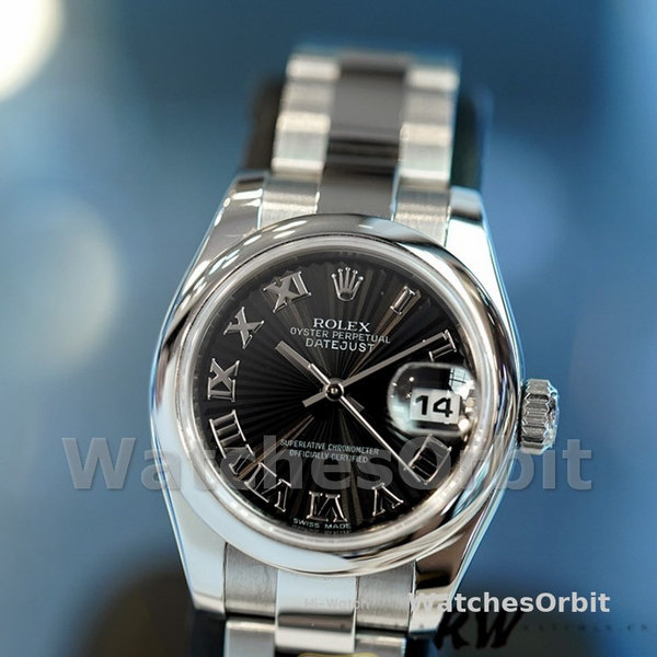 Women's Rolex Datejust 26mm Women's-179160-Black Roman Dial-Sunbeam-Oyster Bracelet Black