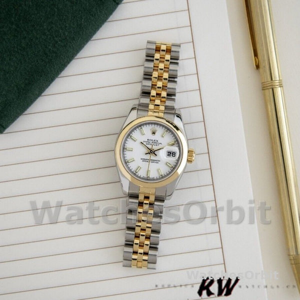Replique Rolex Datejust-179163 pour femme, 26mm, cadran index blanc, lunette bombée, Lady White