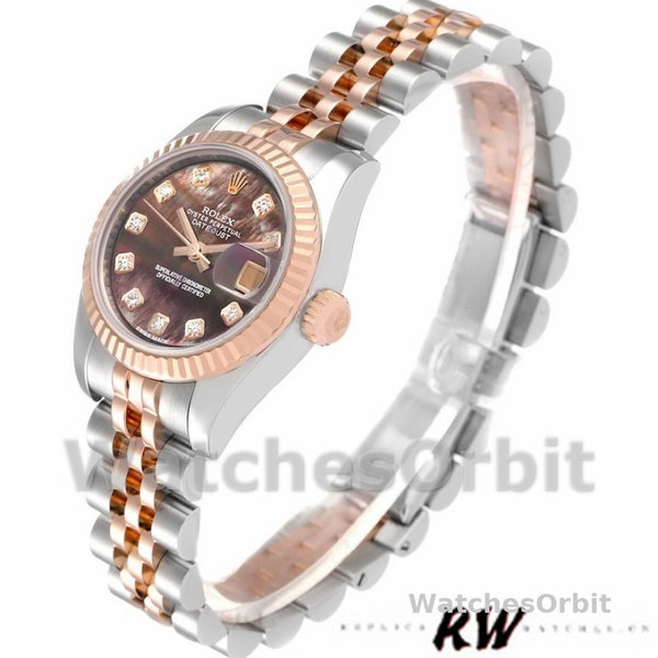 Replique Rolex Datejust-179171 pour femme, 26mm, cadran nacre noir, lunette cannelée, Lady MOP